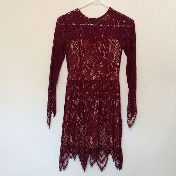 Maroon Long-Sleeved Lace Dress Size XS - Picture 1 of 6